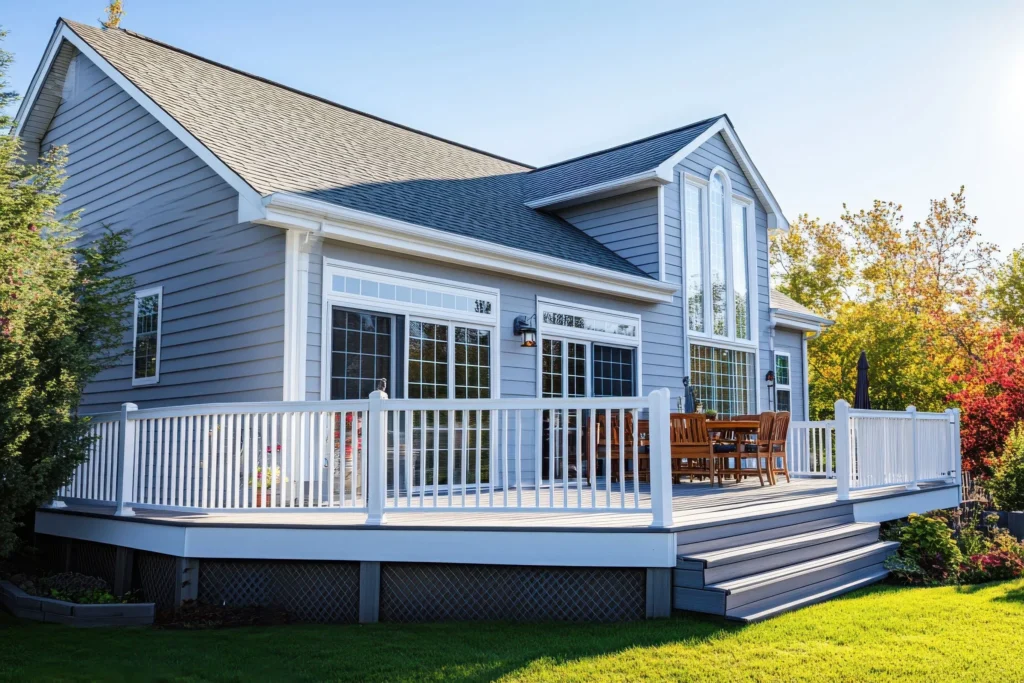A two-story blue house with a traditional gabled roof and light blue siding. The focus is on the large wooden deck extending from the house, enclosed by white railings and gray steps leading down to a green lawn. The house features multiple windows, including a large, arched window on the second story. 4SeasonsHome in Rockville, MD, can help your home stand out from the rest with expert window and shutter installations.