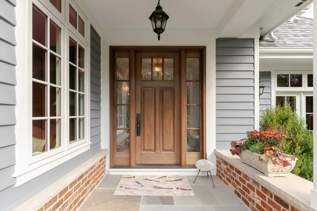 Paneled Wooden Front Door Transom Sidelight Window Covered Porch Siding Professional Ins