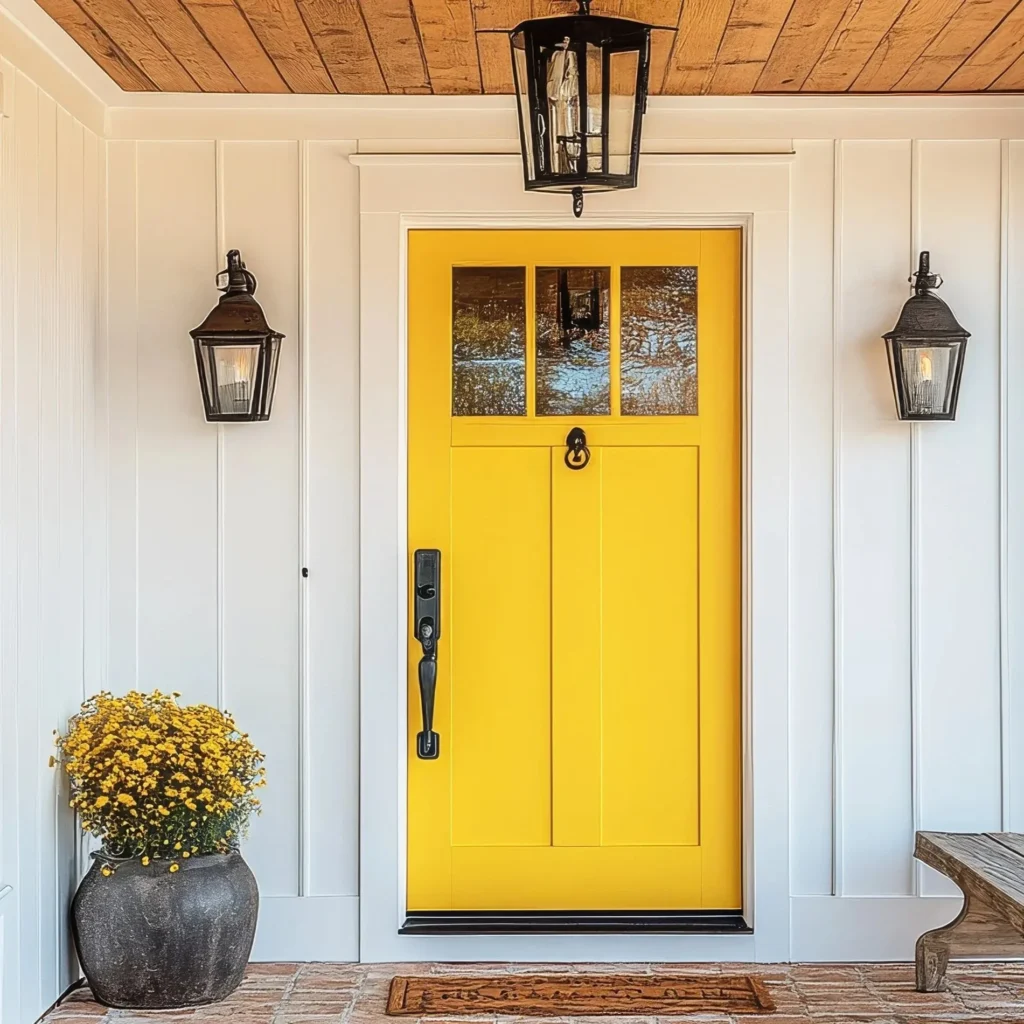 Yellow Front Door Covered Porch Window Closeup Professional Installation Closeup 2000x20