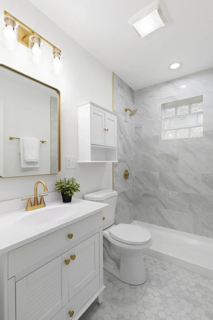 A functional and beautiful bathroom with light fixtures, faucet, and tiles that work for your personal style and lifestyle is easier to achieve than you may think with 4SeasonsHome's bathroom remodel service.