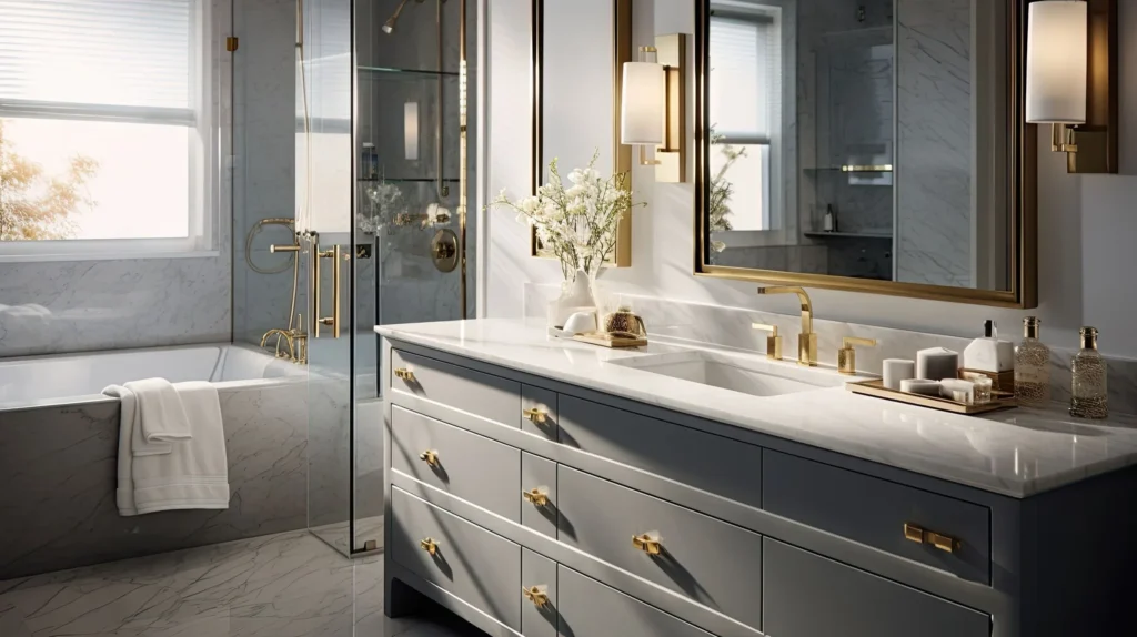 Grey Vanity Gold Lighting Fixtures White Marble Counter Remodeled Bathr