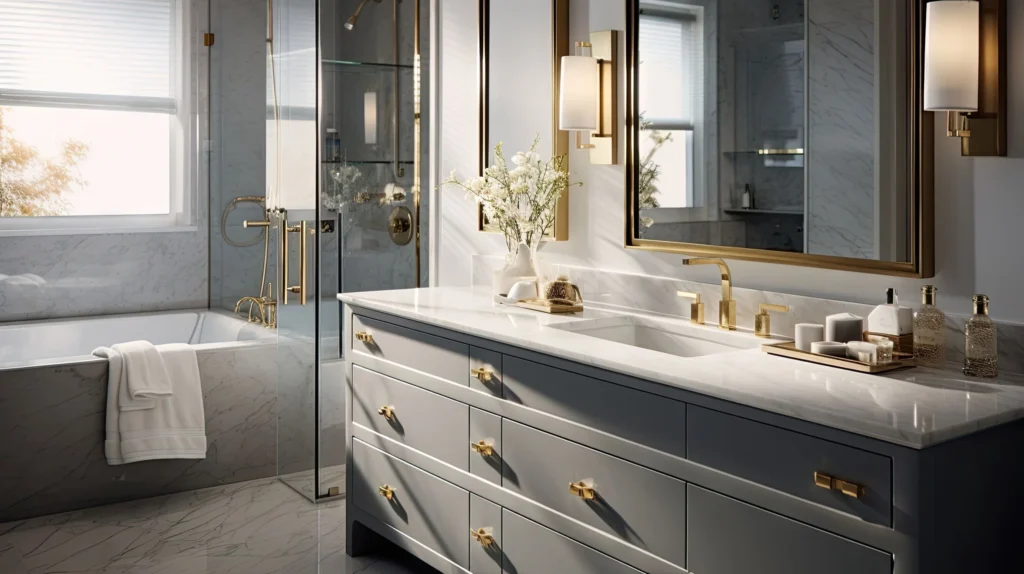 A functional and beautiful bathroom with light fixtures, faucet, and tiles that work for your personal style and lifestyle is easier to achieve than you may think with 4SeasonsHome's bathroom remodel service.