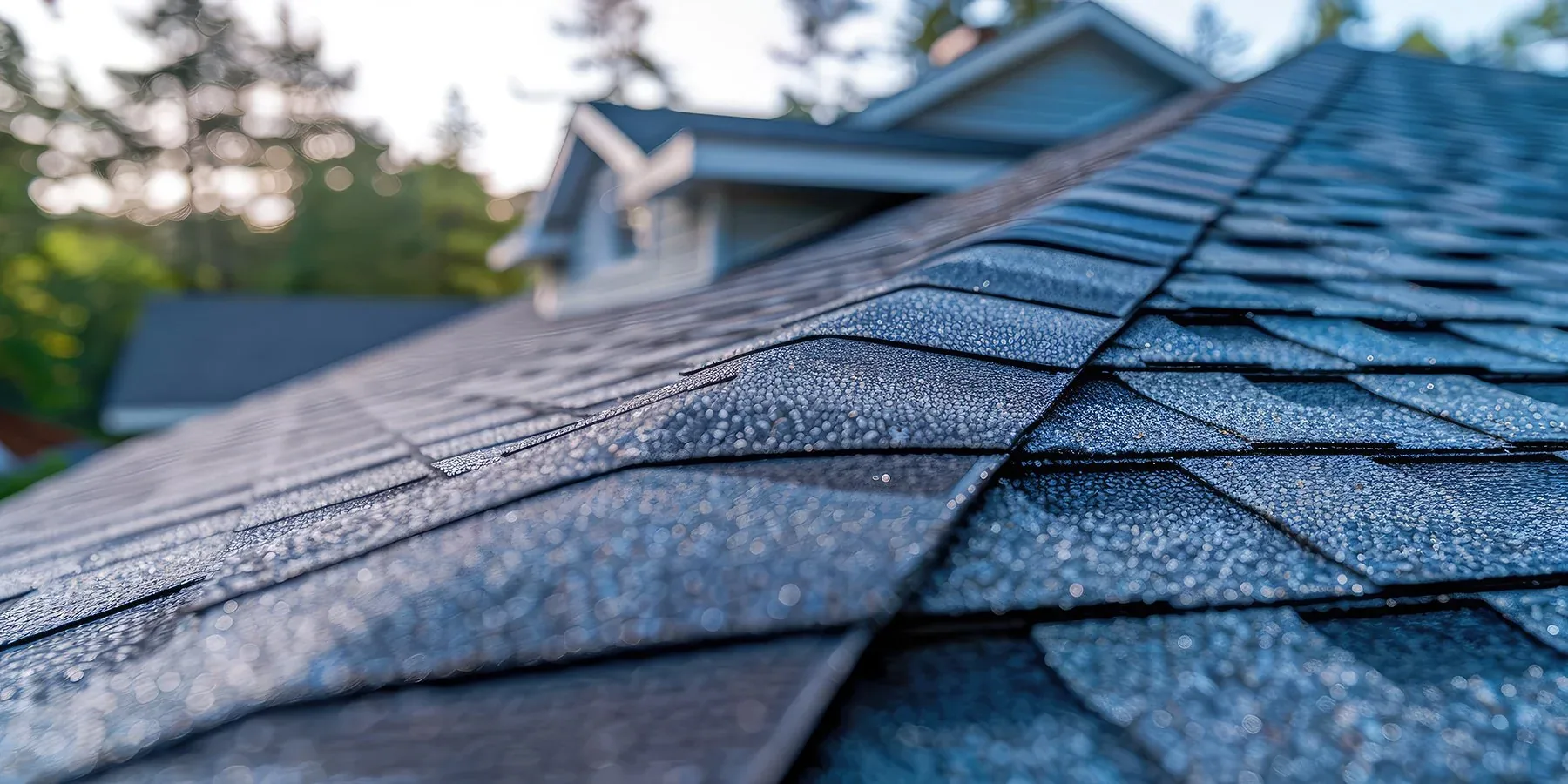 Asphalt shingle roof closeup with dormer window
